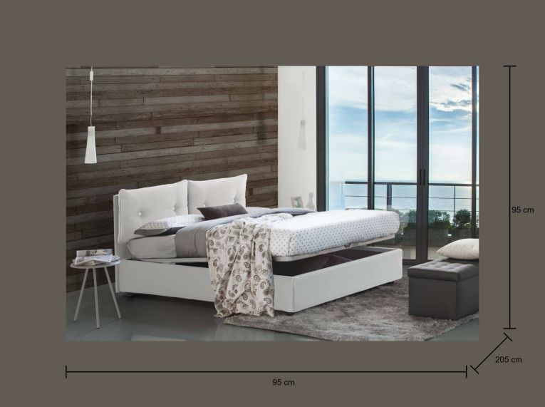 Letto singolo Chantal, Letto contenitore con rivestimento in ecopelle, 100% Made in Italy, Apertura frontale, con materasso Cm 80x190 incluso, Bianco