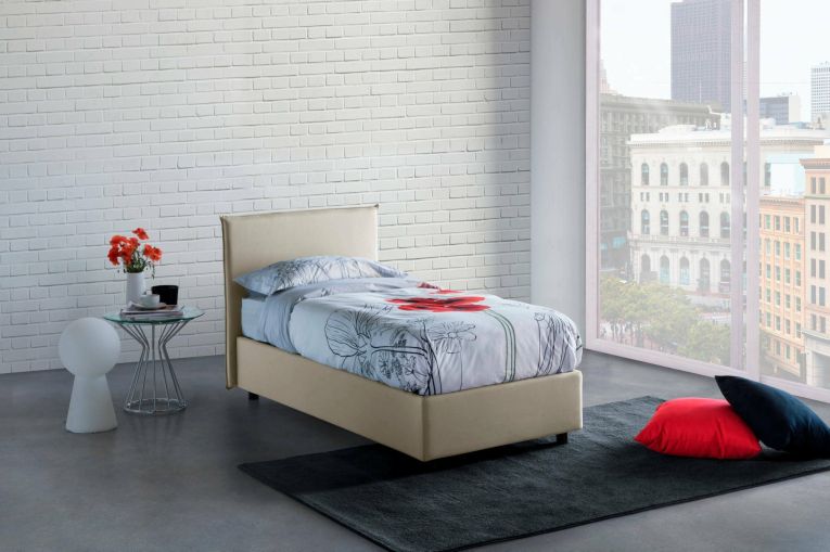 Letto singolo Chelsea, Letto contenitore con rivestimento in tessuto, 100% Made in Italy, Apertura frontale, adatto per materasso Cm 90x190, Beige