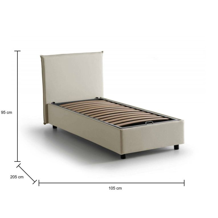 Letto singolo Chelsea, Letto contenitore con rivestimento in tessuto, 100% Made in Italy, Apertura frontale, adatto per materasso Cm 90x190, Beige