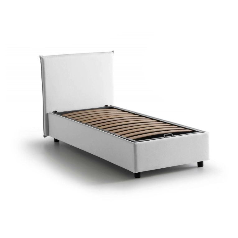 Letto singolo Chelsea, Letto contenitore con rivestimento in tessuto, 100% Made in Italy, Apertura frontale, adatto per materasso Cm 90x190, Bianco