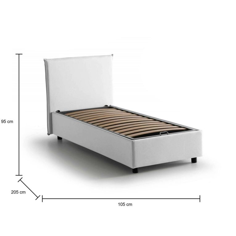 Letto singolo Chelsea, Letto contenitore con rivestimento in tessuto, 100% Made in Italy, Apertura frontale, adatto per materasso Cm 90x190, Bianco