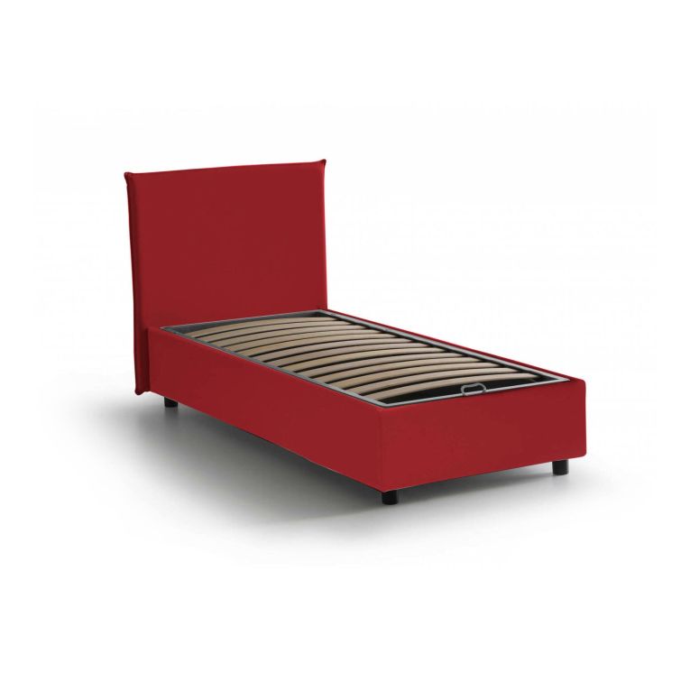 Letto singolo Chelsea, Letto contenitore con rivestimento in tessuto, 100% Made in Italy, Apertura frontale, adatto per materasso Cm 90x190, Rosso