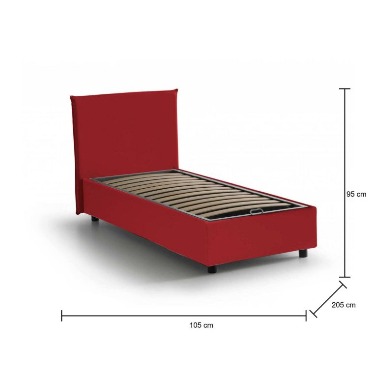 Letto singolo Chelsea, Letto contenitore con rivestimento in tessuto, 100% Made in Italy, Apertura frontale, adatto per materasso Cm 90x190, Rosso