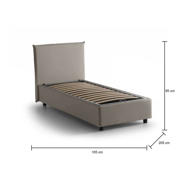 Letto singolo Chelsea, Letto contenitore con rivestimento in tessuto, 100% Made in Italy, Apertura frontale, adatto per materasso Cm 90x190, Tortora