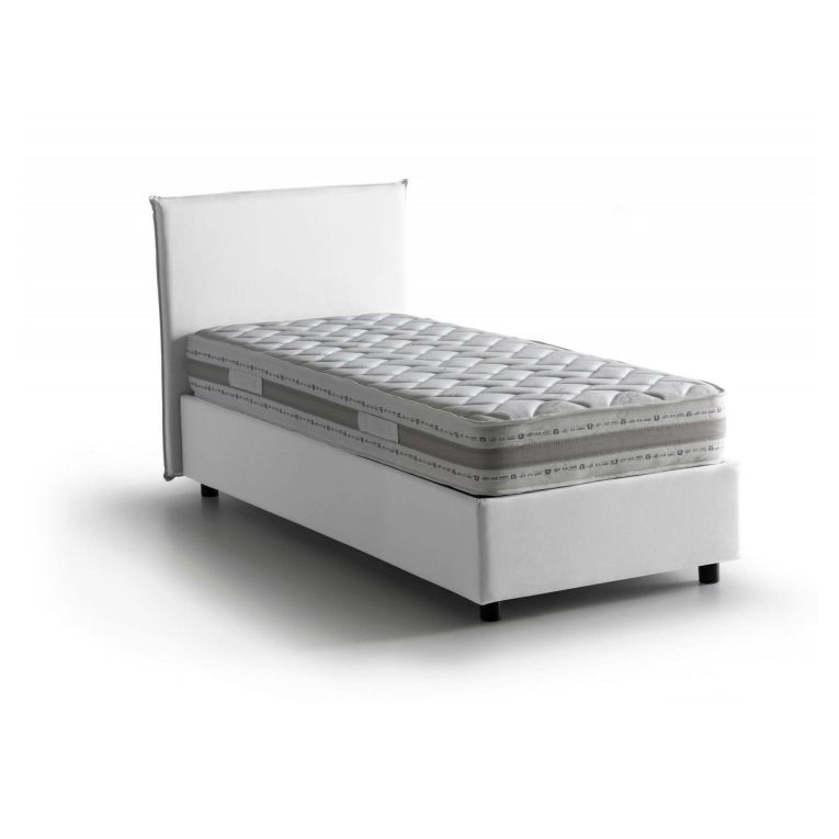 Letto singolo Chiaraluna, Letto contenitore con rivestimento in tessuto, 100% Made in Italy, Apertura frontale, con materasso Cm 90x190 incluso, Bianco