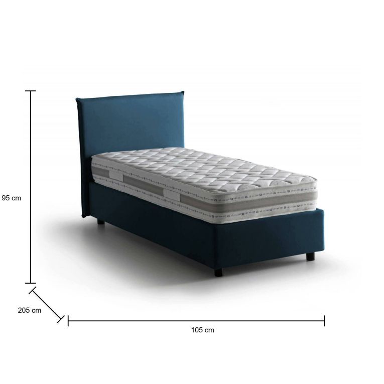 Letto singolo Chiaraluna, Letto contenitore con rivestimento in tessuto, 100% Made in Italy, Apertura frontale, con materasso Cm 90x190 incluso, Blu