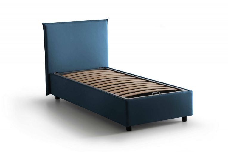 Letto singolo Chiaraluna, Letto contenitore con rivestimento in tessuto, 100% Made in Italy, Apertura frontale, con materasso Cm 90x190 incluso, Blu