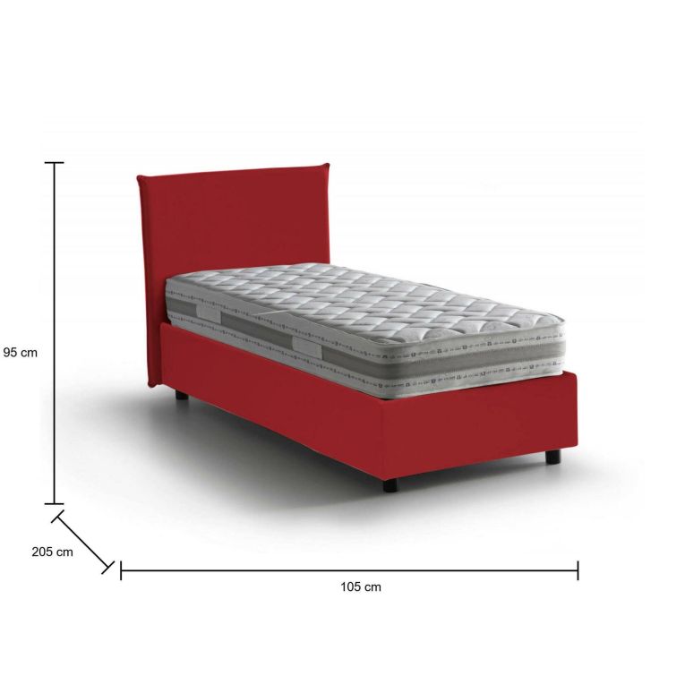 Letto singolo Chiaraluna, Letto contenitore con rivestimento in tessuto, 100% Made in Italy, Apertura frontale, con materasso Cm 90x190 incluso, Rosso