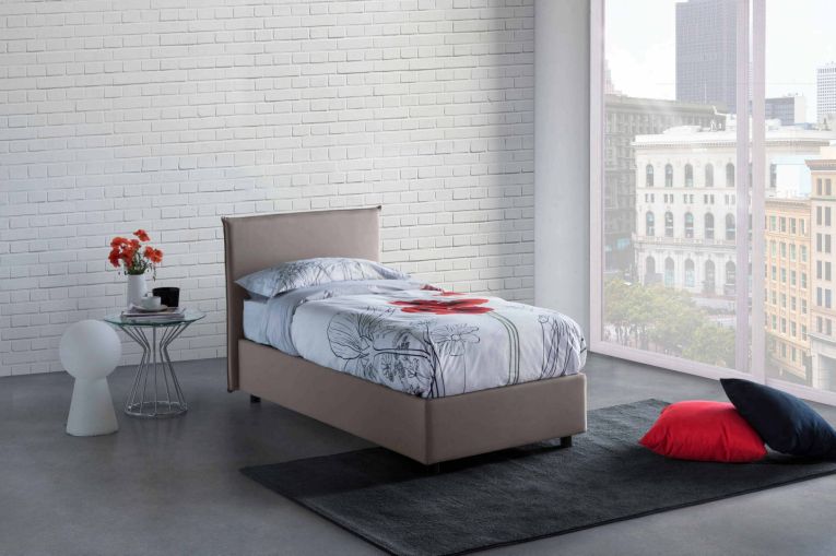 Letto singolo Chiaraluna, Letto contenitore con rivestimento in tessuto, 100% Made in Italy, Apertura frontale, con materasso Cm 90x190 incluso, Tortora