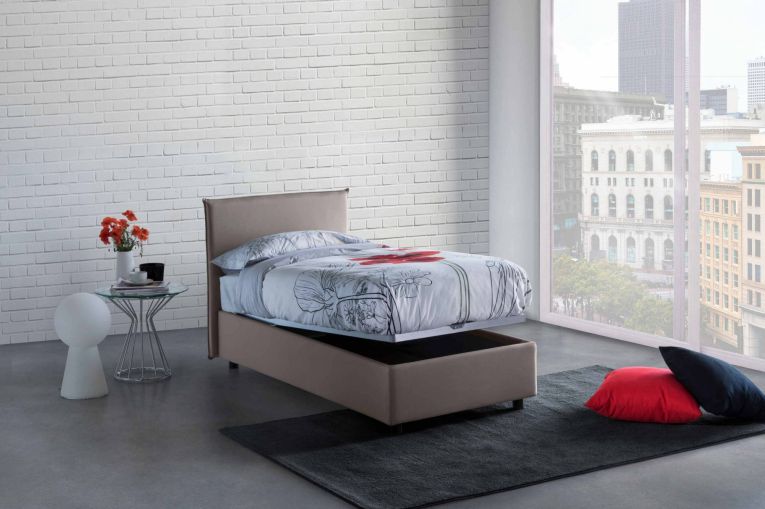 Letto singolo Chiaraluna, Letto contenitore con rivestimento in tessuto, 100% Made in Italy, Apertura frontale, con materasso Cm 90x190 incluso, Tortora