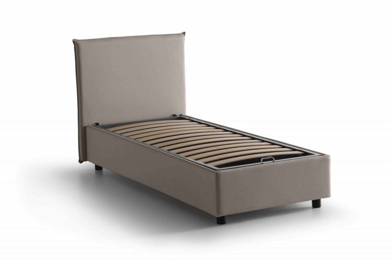 Letto singolo Chiaraluna, Letto contenitore con rivestimento in tessuto, 100% Made in Italy, Apertura frontale, con materasso Cm 90x190 incluso, Tortora