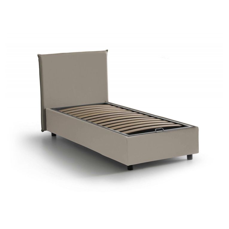 Letto singolo Christine, Letto contenitore con rivestimento in ecopelle, 100% Made in Italy, Apertura frontale, adatto per materasso Cm 90x200, Tortora