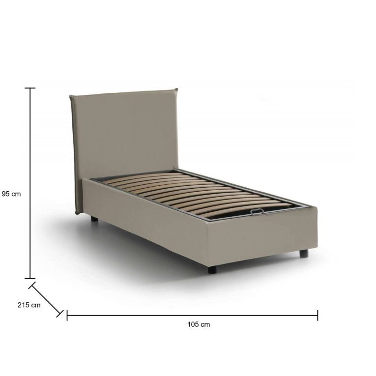 Letto singolo Christine, Letto contenitore con rivestimento in ecopelle, 100% Made in Italy, Apertura frontale, adatto per materasso Cm 90x200, Tortora