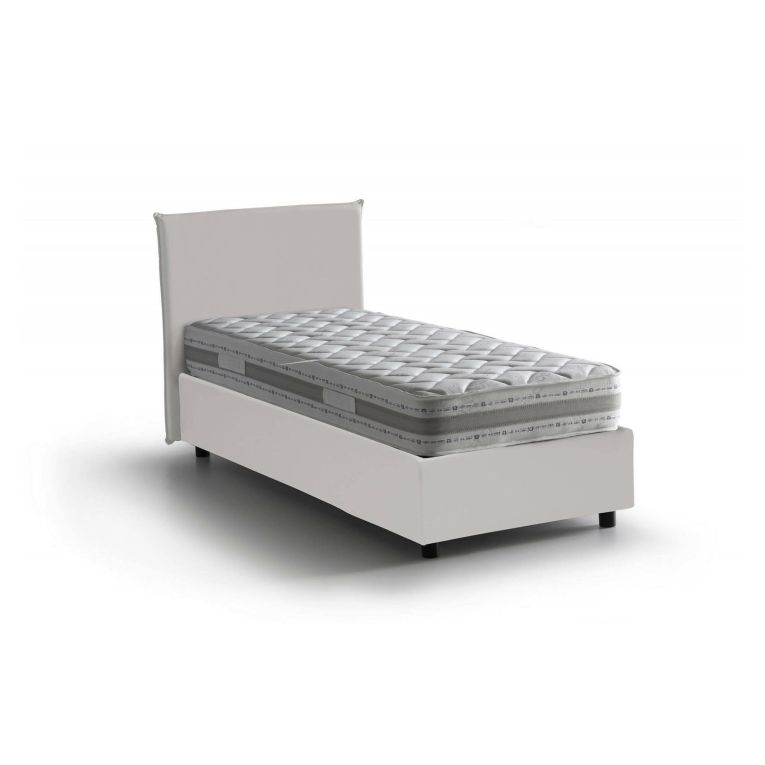 Letto singolo Cinzia, Letto contenitore con rivestimento in ecopelle, 100% Made in Italy, Apertura frontale, con materasso Cm 90x200 incluso, Bianco