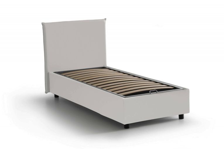 Letto singolo Cinzia, Letto contenitore con rivestimento in ecopelle, 100% Made in Italy, Apertura frontale, con materasso Cm 90x200 incluso, Bianco