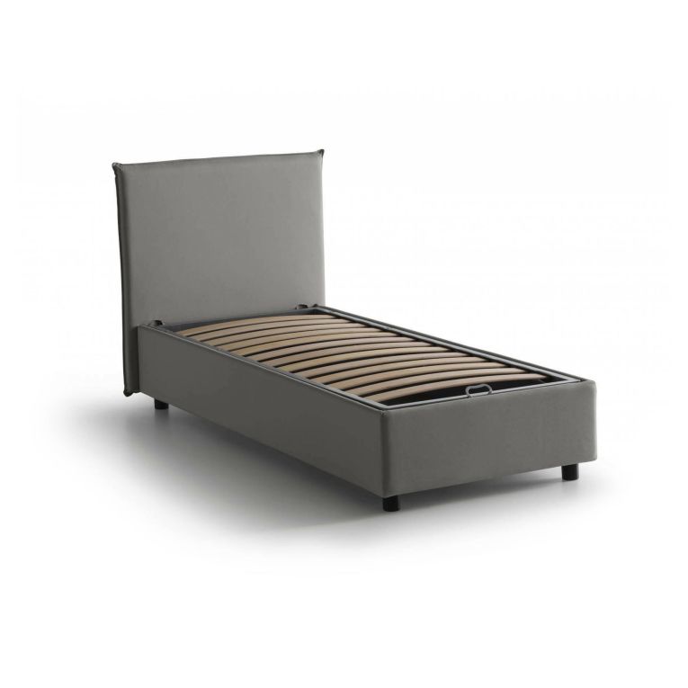 Letto singolo Cira, Letto contenitore con rivestimento in tessuto, 100% Made in Italy, Apertura frontale, adatto per materasso Cm 90x200, Grigio