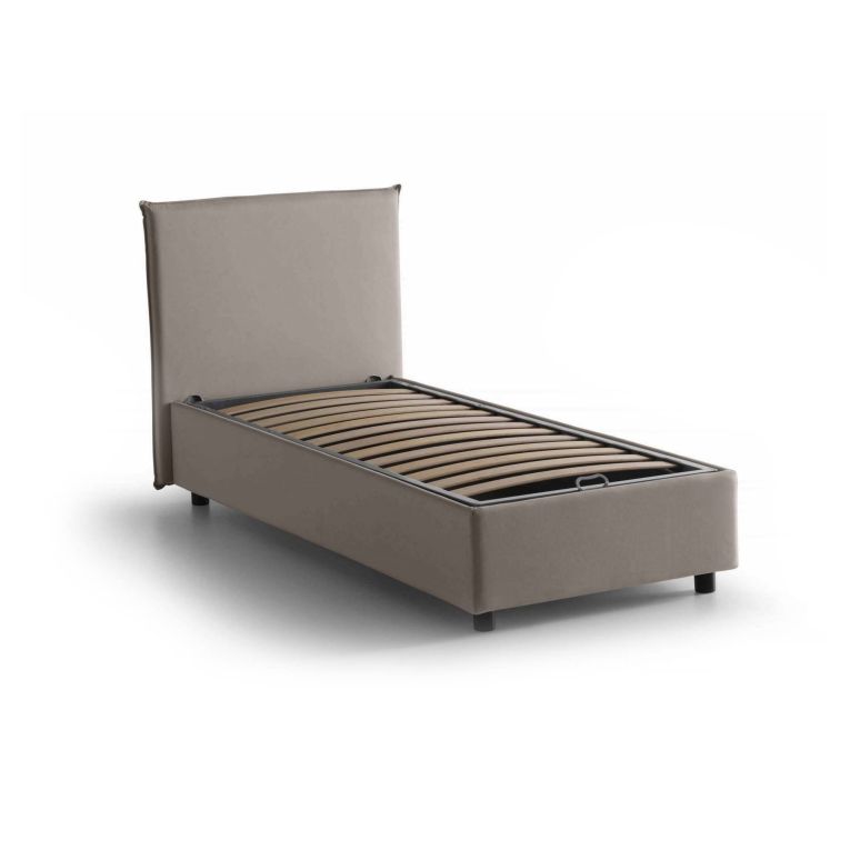 Letto singolo Cira, Letto contenitore con rivestimento in tessuto, 100% Made in Italy, Apertura frontale, adatto per materasso Cm 90x200, Tortora