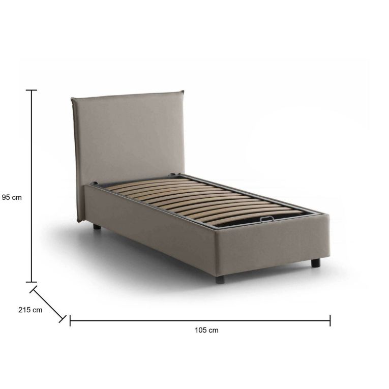 Letto singolo Cira, Letto contenitore con rivestimento in tessuto, 100% Made in Italy, Apertura frontale, adatto per materasso Cm 90x200, Tortora