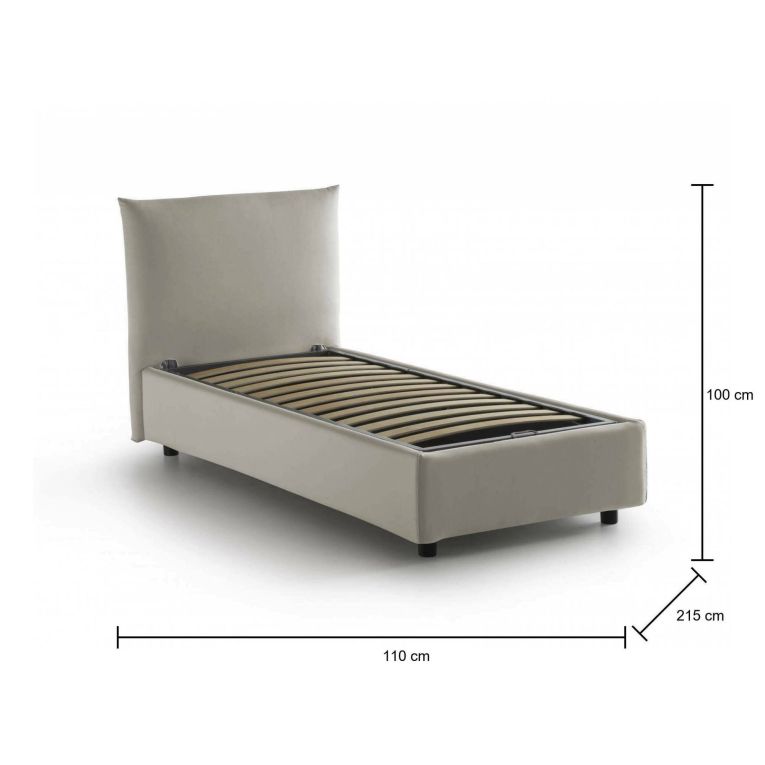 Letto singolo Clarissa, Letto contenitore con rivestimento in tessuto, 100% Made in Italy, Apertura frontale, adatto per materasso Cm 80x190, Beige