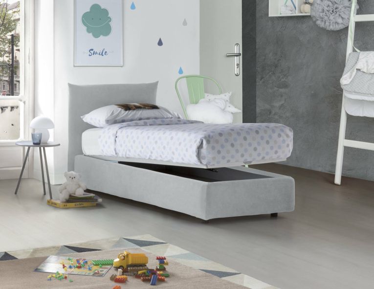 Letto singolo Clarissa, Letto contenitore con rivestimento in tessuto, 100% Made in Italy, Apertura frontale, adatto per materasso Cm 80x190, Bianco