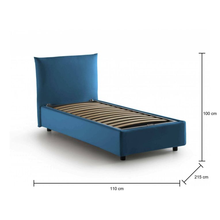 Letto singolo Clarissa, Letto contenitore con rivestimento in tessuto, 100% Made in Italy, Apertura frontale, adatto per materasso Cm 80x190, Blu