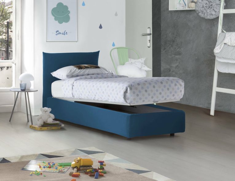 Letto singolo Clarissa, Letto contenitore con rivestimento in tessuto, 100% Made in Italy, Apertura frontale, adatto per materasso Cm 80x190, Blu