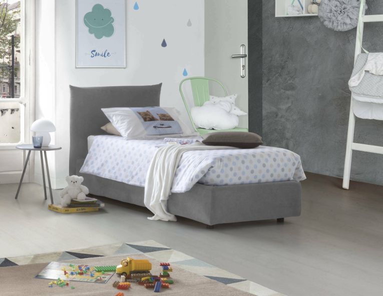 Letto singolo Clarissa, Letto contenitore con rivestimento in tessuto, 100% Made in Italy, Apertura frontale, adatto per materasso Cm 80x190, Grigio
