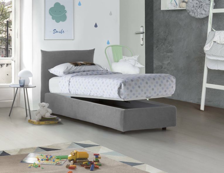 Letto singolo Clarissa, Letto contenitore con rivestimento in tessuto, 100% Made in Italy, Apertura frontale, adatto per materasso Cm 80x190, Grigio