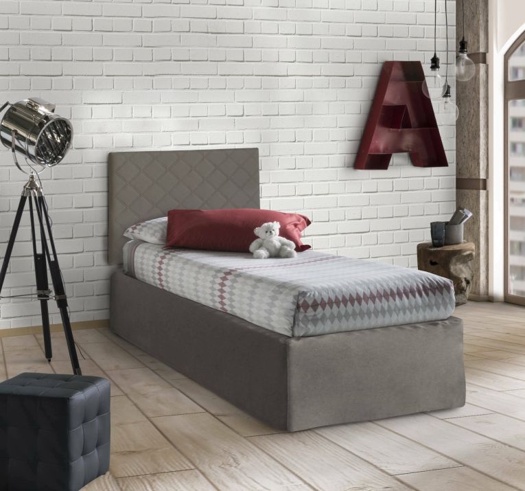 Letto singolo Cleofe, Set testata in ecopelle con rete ortopedica e mantovana, 100% Made in Italy, adatta a letto Singolo, per materasso da Cm 80x190, Tortora
