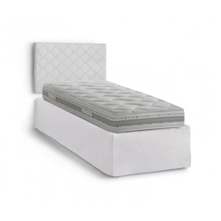 Letto singolo Cleonice, Set testata in ecopelle con rete ortopedica e mantovana, 100% Made in Italy, adatta a letto Singolo, materasso incluso, Cm 80x190, Bianco