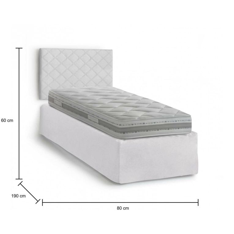Letto singolo Cleonice, Set testata in ecopelle con rete ortopedica e mantovana, 100% Made in Italy, adatta a letto Singolo, materasso incluso, Cm 80x190, Bianco