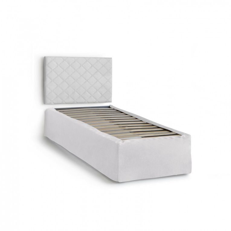 Letto singolo Cleonice, Set testata in ecopelle con rete ortopedica e mantovana, 100% Made in Italy, adatta a letto Singolo, materasso incluso, Cm 80x190, Bianco
