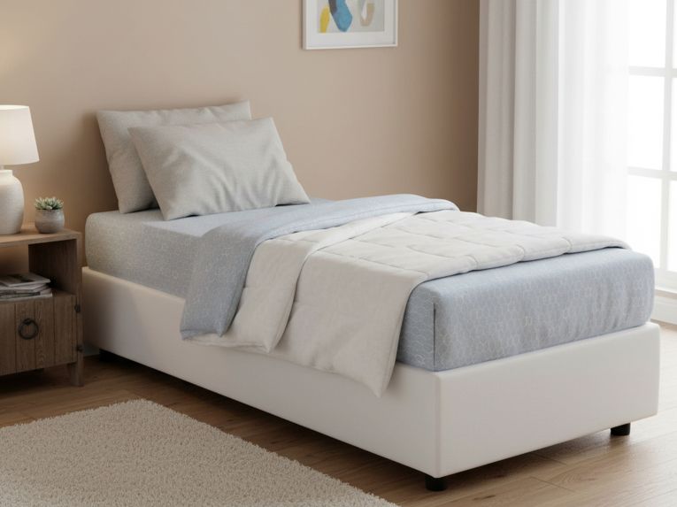 Letto singolo contenitore bianco 105x205cm rivestimento in ecopelle - Nantine