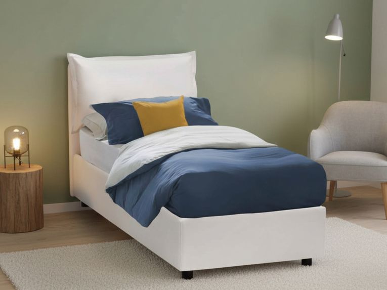 Letto singolo contenitore bianco 105x215cm rivestimento in ecopelle - Anitza
