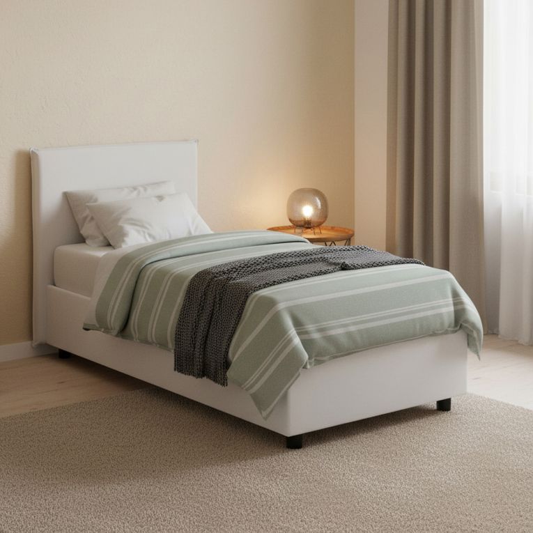 Letto singolo contenitore bianco 95x205cm rivestito in ecopelle - Tashkent