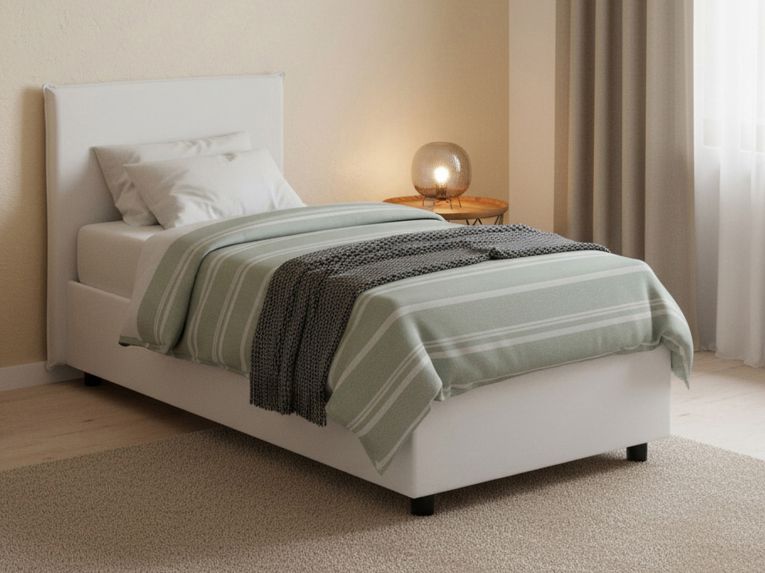 Letto singolo contenitore bianco 95x205cm rivestito in ecopelle - Tashkent