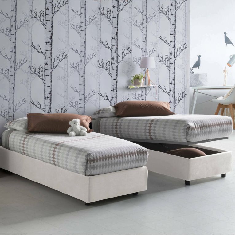 Letto singolo contenitore bianco 95x205cm rivestito in tessuto - Aquolina
