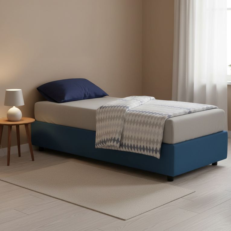 Letto singolo contenitore blu 105x205cm rivestimento in tessuto - Addison