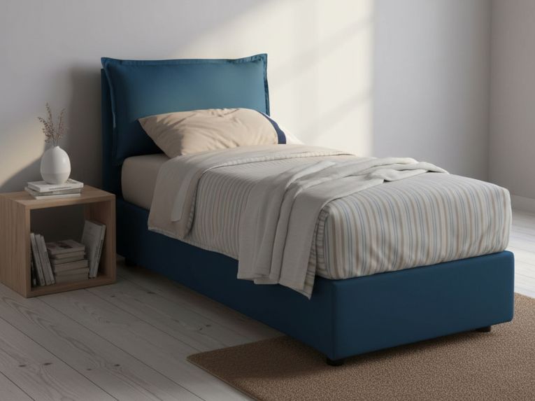 Letto singolo contenitore blu 105x205cm rivestito in tessuto - Aigor
