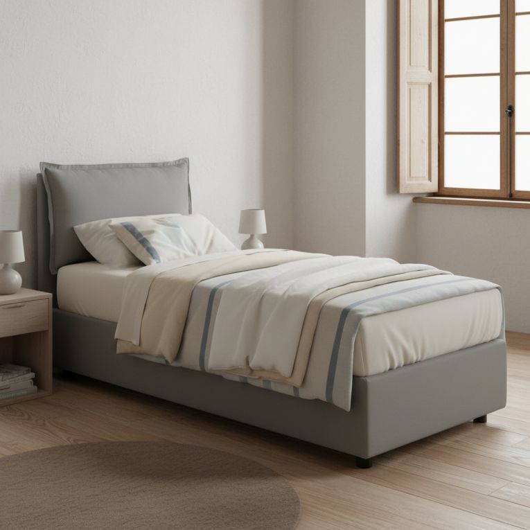 Letto singolo contenitore grigio 95x205cm rivestito in tessuto - Alto