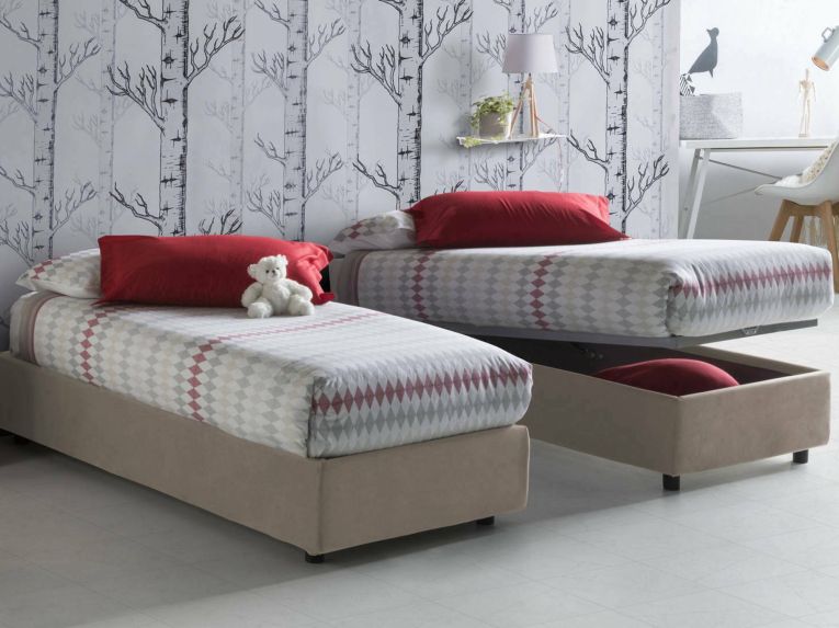 Letto singolo contenitore tortora 105x215cm rivestimento in tessuto - Aribal