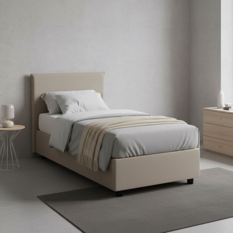 Letto singolo contenitore tortora 95x205cm rivestito in ecopelle - Adrama