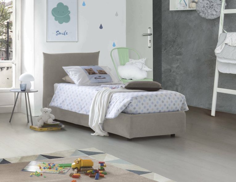Letto singolo Cosetta, Letto contenitore con rivestimento in tessuto, 100% Made in Italy, Apertura laterale, con materasso Cm 80x190 incluso, Beige