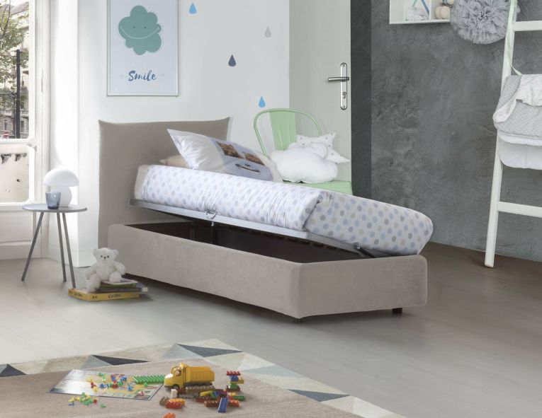 Letto singolo Cosetta, Letto contenitore con rivestimento in tessuto, 100% Made in Italy, Apertura laterale, con materasso Cm 80x190 incluso, Beige