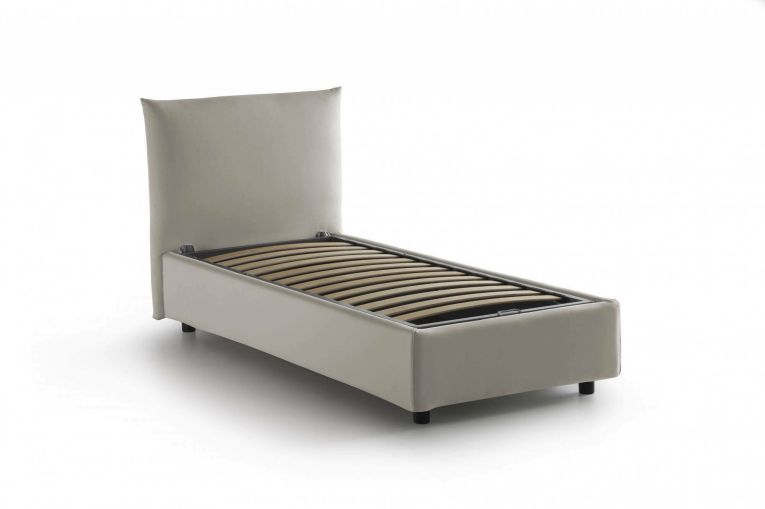 Letto singolo Cosetta, Letto contenitore con rivestimento in tessuto, 100% Made in Italy, Apertura laterale, con materasso Cm 80x190 incluso, Beige