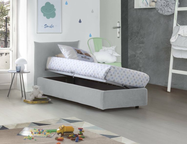 Letto singolo Cosetta, Letto contenitore con rivestimento in tessuto, 100% Made in Italy, Apertura laterale, con materasso Cm 80x190 incluso, Bianco