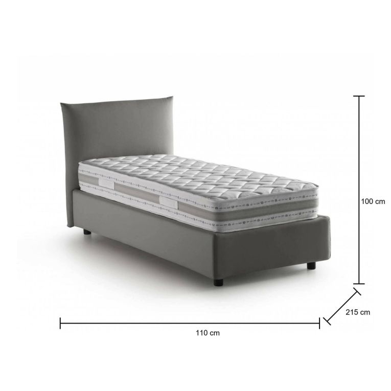 Letto singolo Cosetta, Letto contenitore con rivestimento in tessuto, 100% Made in Italy, Apertura laterale, con materasso Cm 80x190 incluso, Grigio