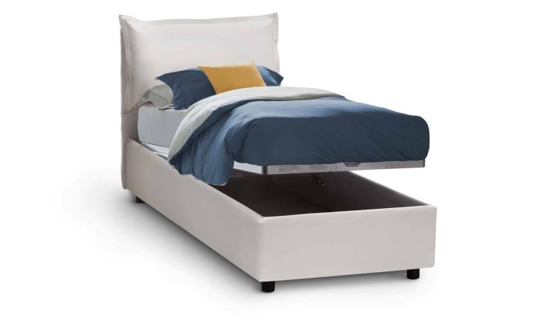 Letto singolo Cristina, Letto contenitore con rivestimento in ecopelle, 100% Made in Italy, Apertura frontale, adatto per materasso Cm 80x200, Bianco