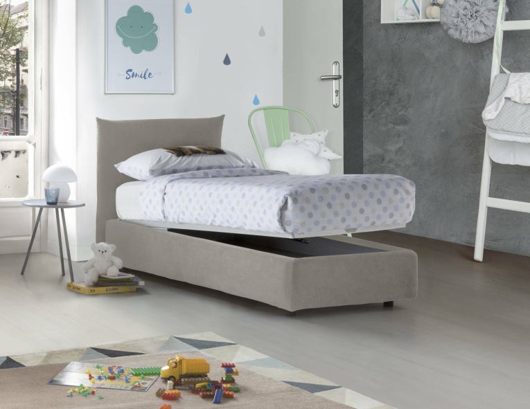 Letto singolo Daisy, Letto contenitore con rivestimento in tessuto, 100% Made in Italy, Apertura frontale, con materasso Cm 80x190 incluso, Beige