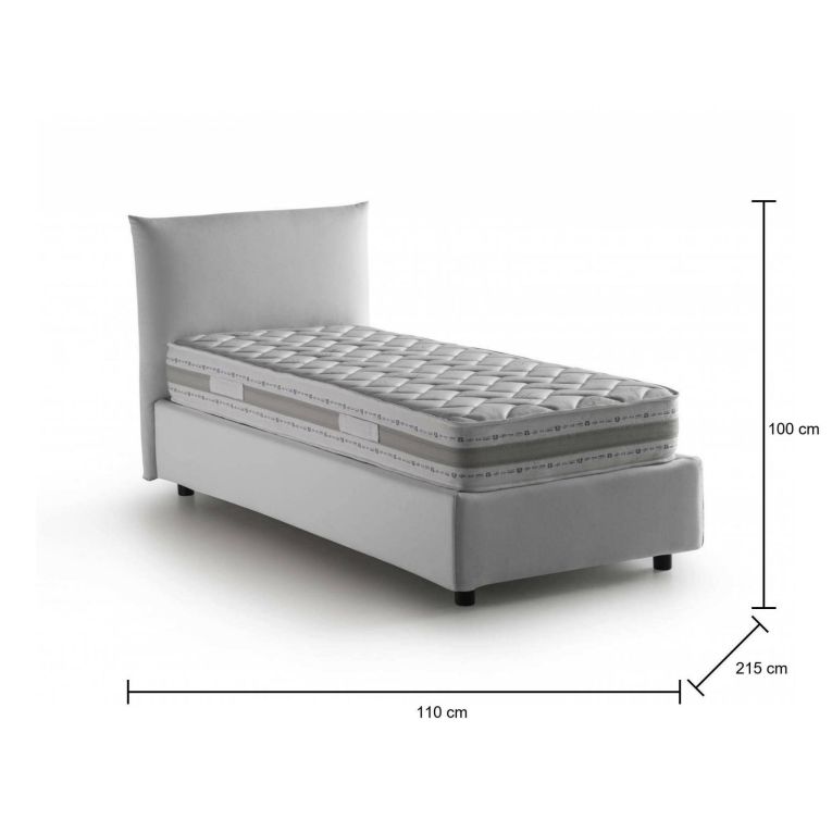 Letto singolo Daisy, Letto contenitore con rivestimento in tessuto, 100% Made in Italy, Apertura frontale, con materasso Cm 80x190 incluso, Bianco